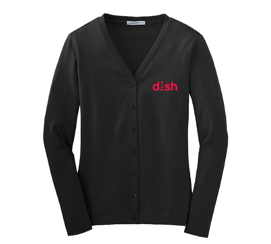 Ladies Modern Stretch Button-Front Cardigan with Dish Logo