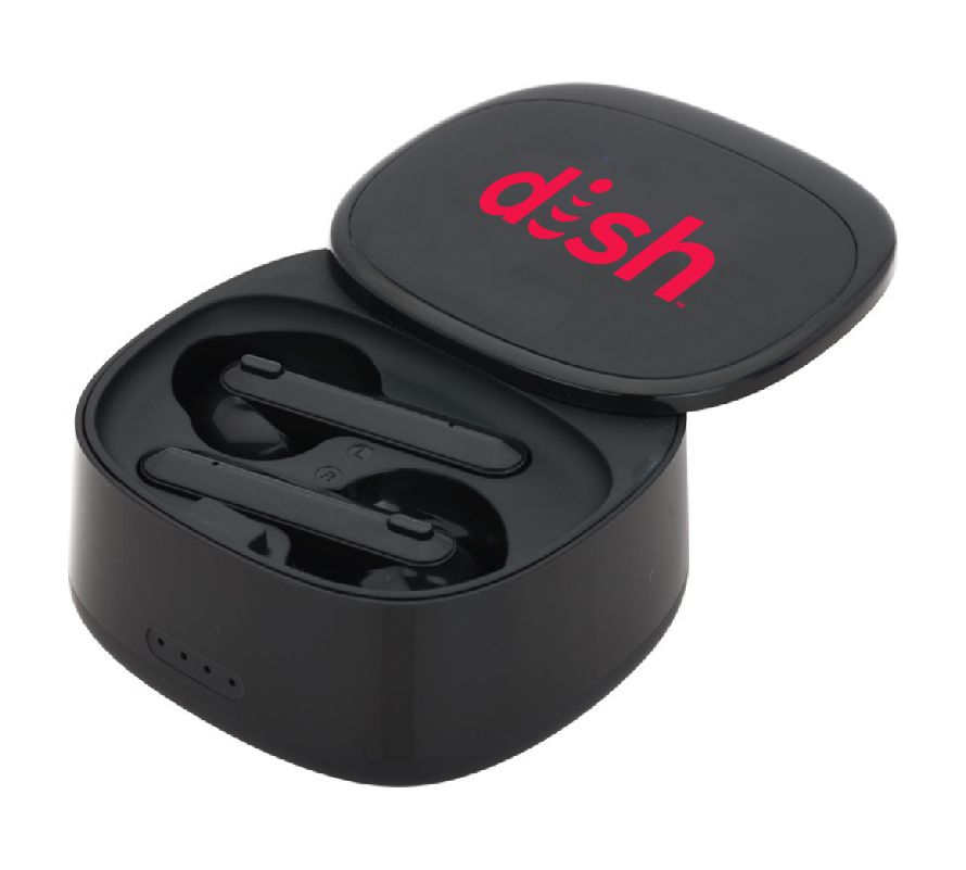 Swivel TWS Wireless Earbuds and Charger Case with Dish Logo