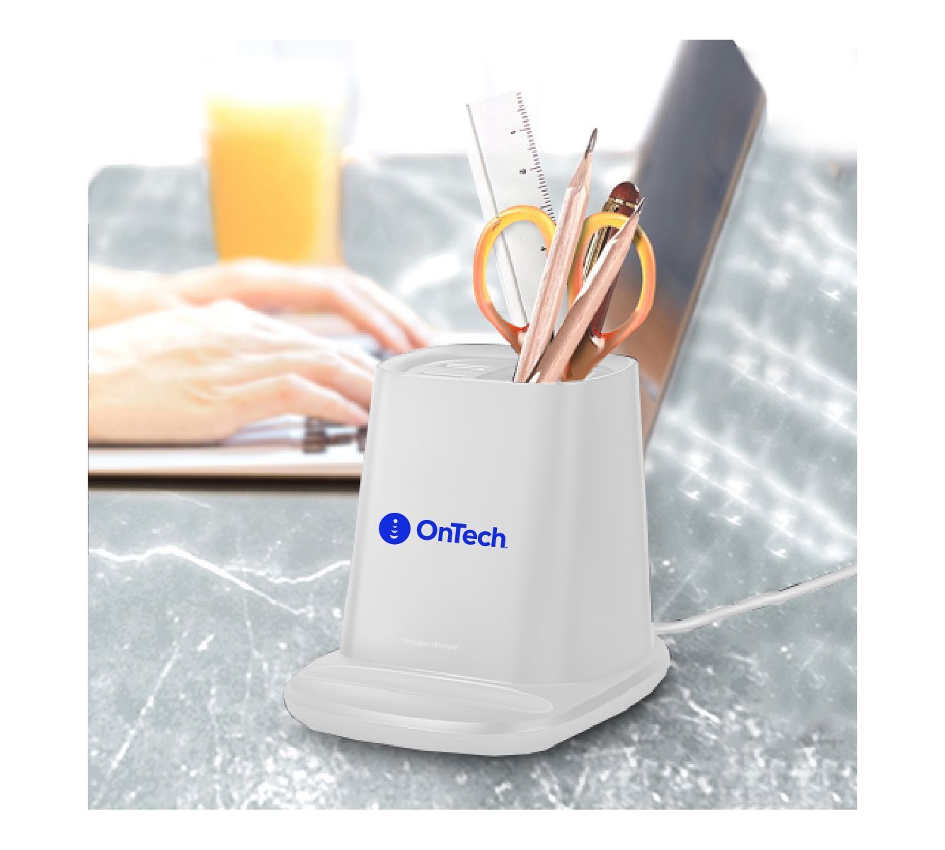 All-Purpose Wireless Charger Pen Holder with Dual USB Output Ports with OnTech logo