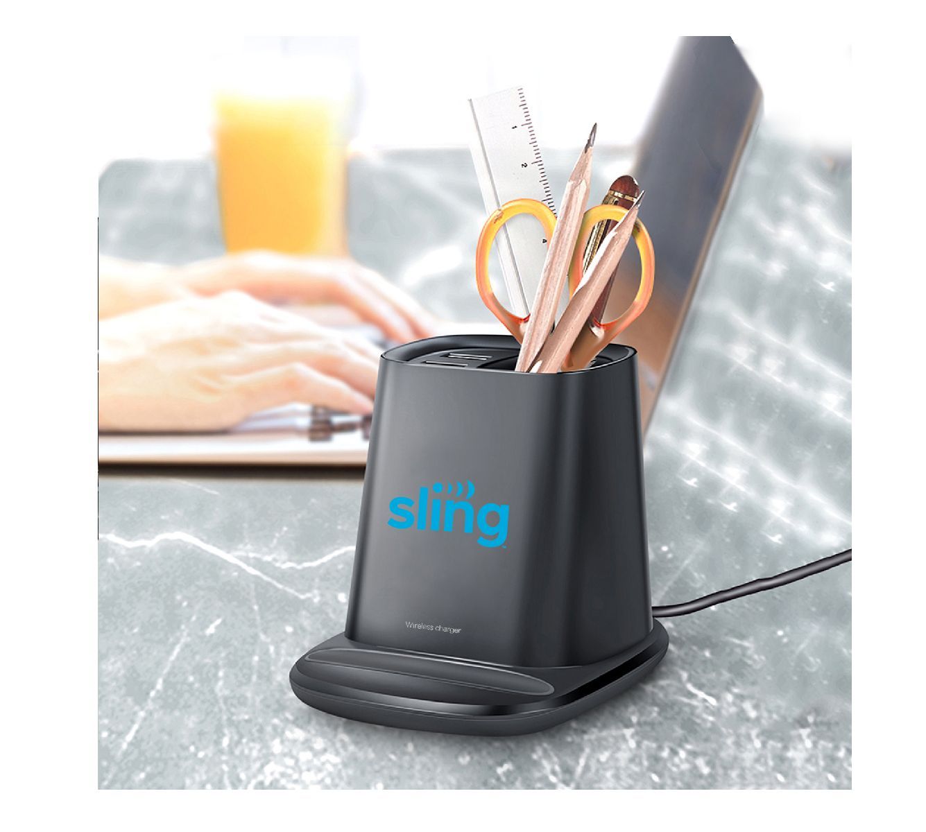 All-Purpose Wireless Charger Pen Holder with Dual USB Output Ports with SLING logo