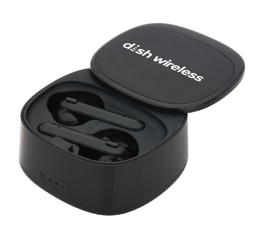 Swivel TWS Wireless Earbuds and Charger Case with Dish Wireless Logo